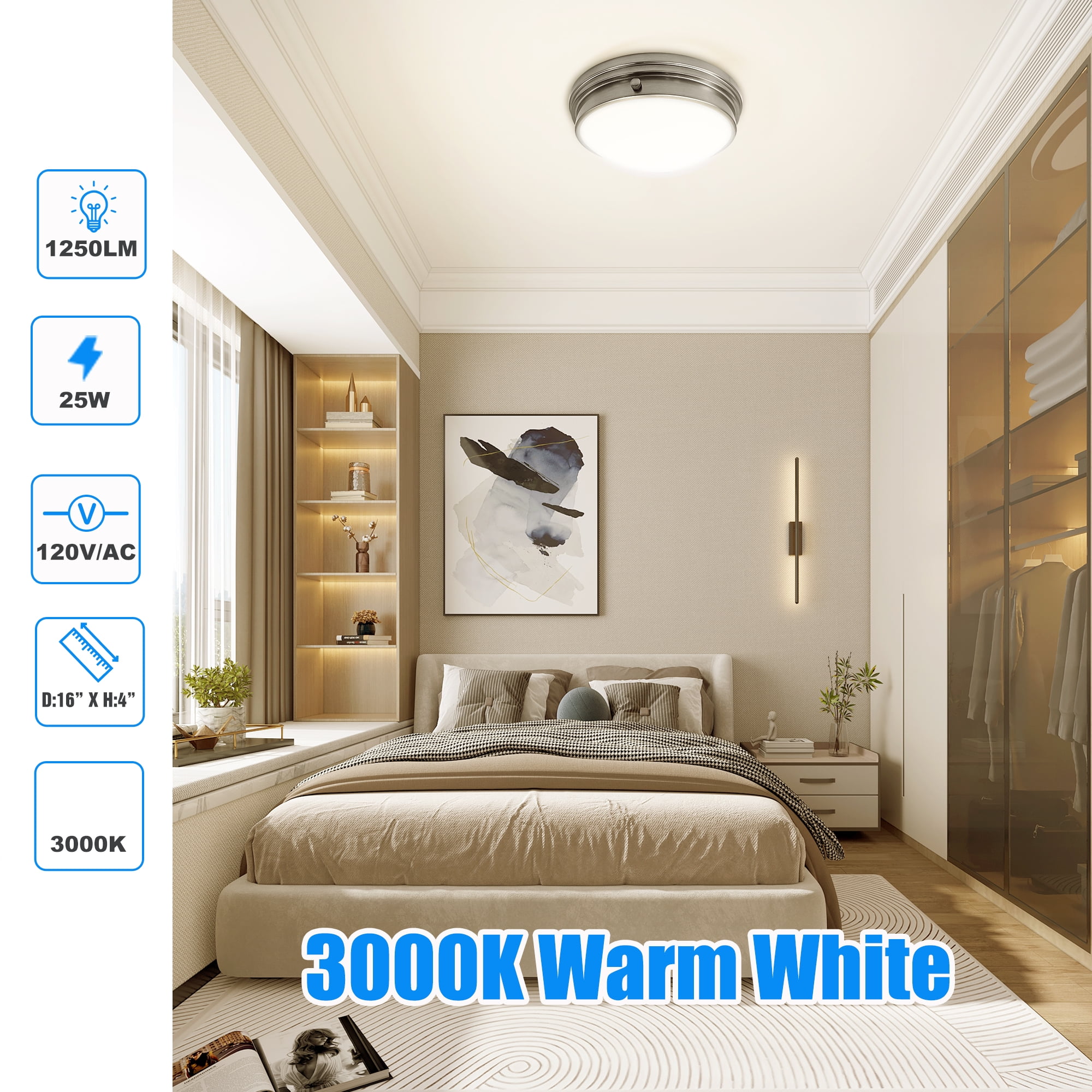 MingBright Modern LED Ceiling Light Flush Mount Fixture，16 inch Brushed Nickel Modern Ceiling Lamp Fixture Dimmable, 1250lm 3000K Warm White Flush Mount for Bathroom, Living Room, Bedroom or Kitchen