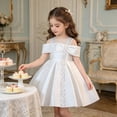 thumbnail image 5 of Bobifish Toddler Girls Off Shoulder Satin Flare Dress Large Front Bow Sequin Dress Wedding Party Formal Children Girls Dresss, 5 of 9
