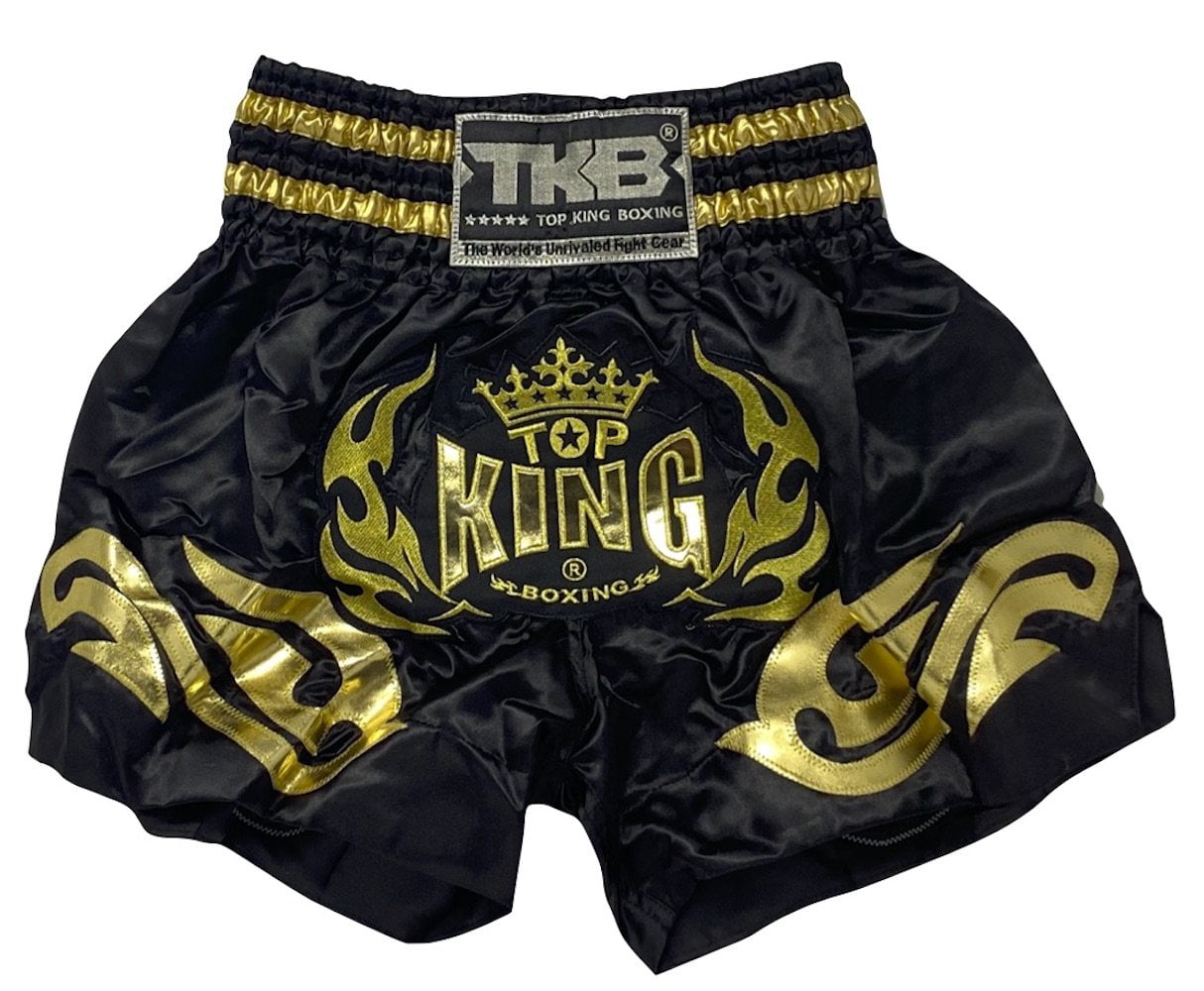 Top King Muay Thai Shorts Gold Kick Boxing Mma Fight Martial Arts Black Trunks 