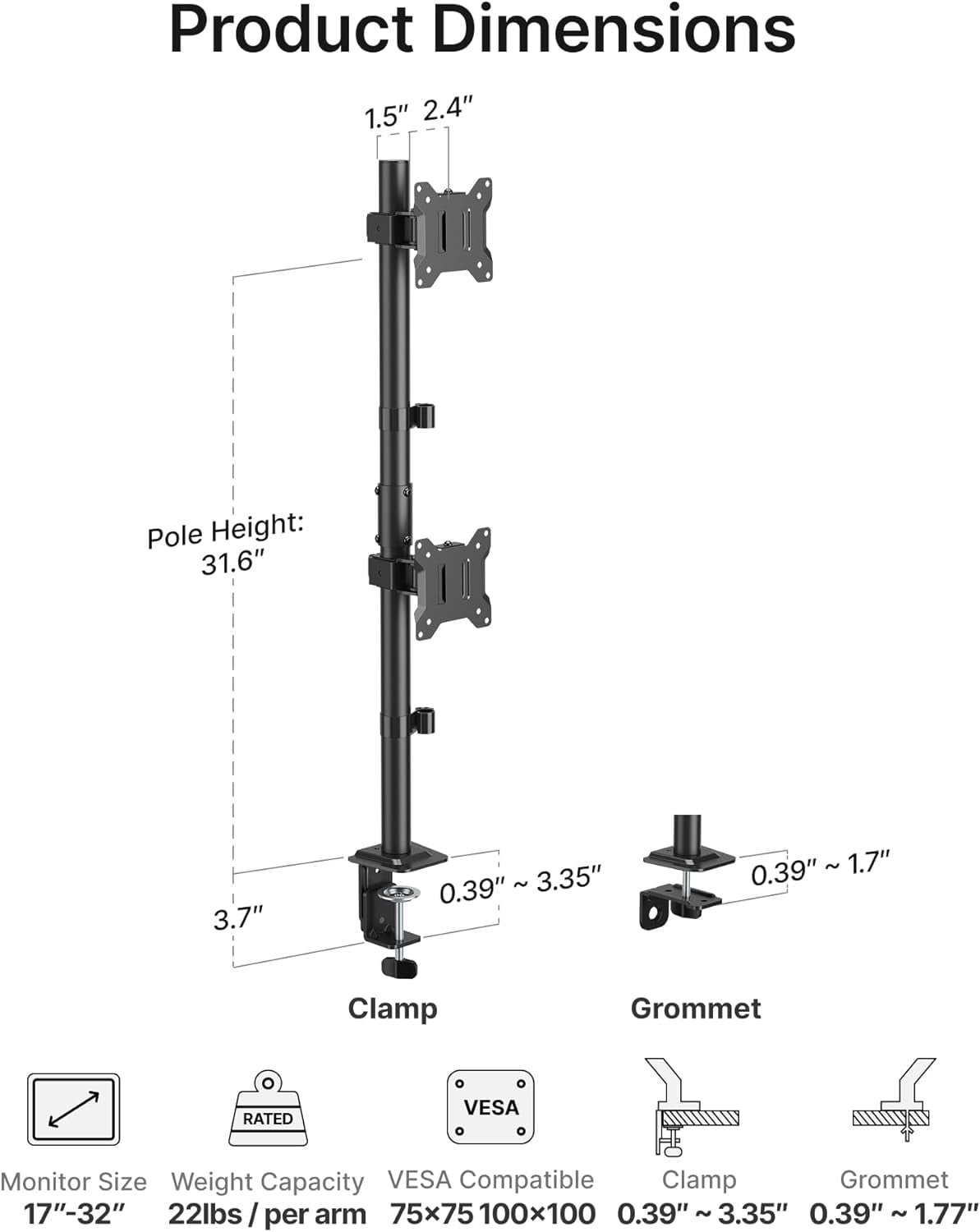 monTEK Vertical Dual Monitor Mount for 17"–32" Screens, Stacked Adjustable Monitor Arm with 31.6" Tall Pole, Holds 22 lb per Screen, C-Clamp & Grommet Base, VESA 75/100mm, Black