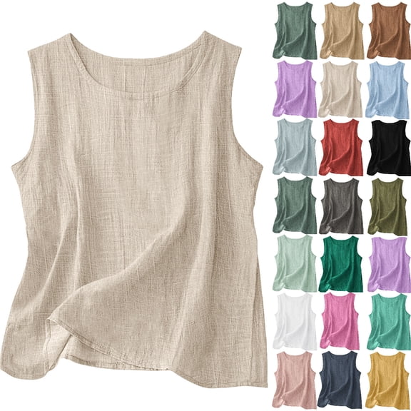 Gswybco Summer Linen Tank Top for Women Cute Cropped Tops Plus Size Cami Sweatshirts Crew Neck Camisole Blouses Sleeveless Going Out Tops