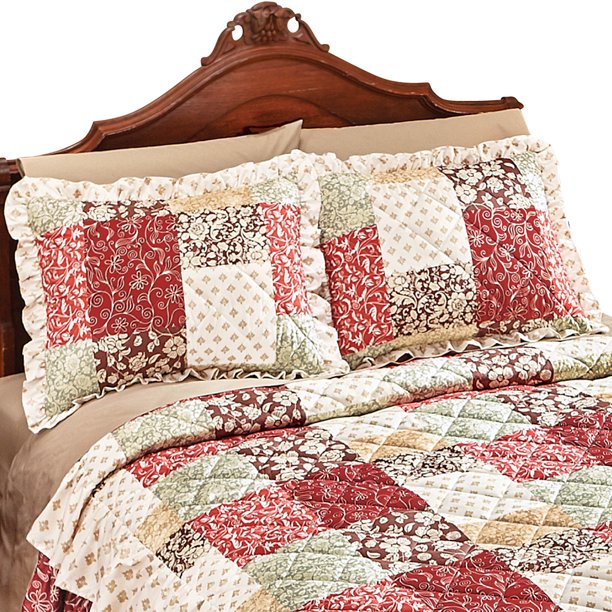 Collections Etc Worthington Patchwork Quilted Ruffled Pillow Sham, Red
