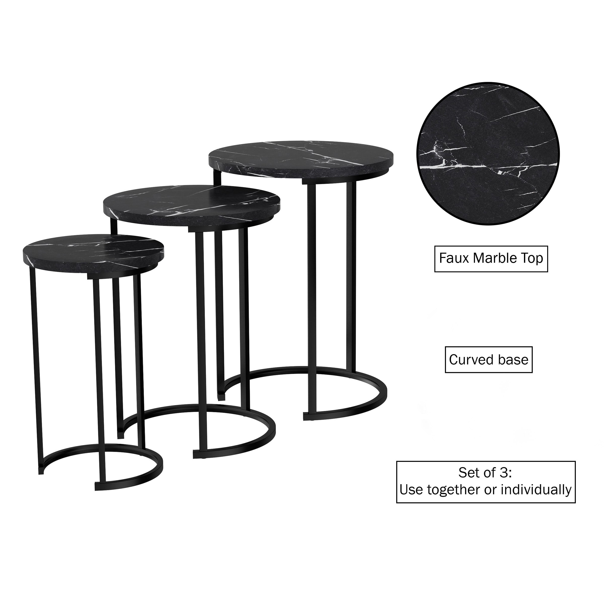 Lavish Home Set of 3 Round Nesting Tables for Living Room (Black Marble)