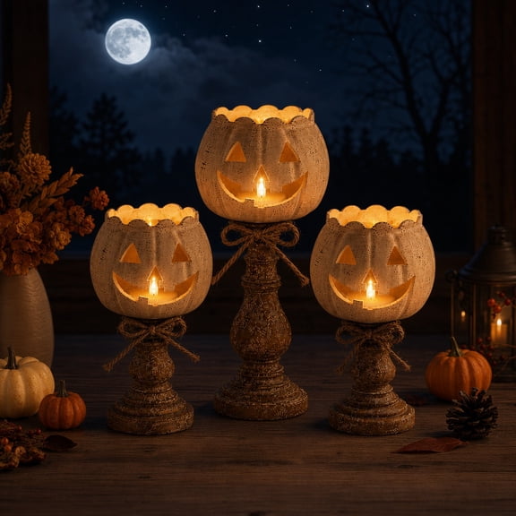 FeiBiQiuBi Rustic White Pumpkin Tealight Candle Holder Set of 3, Farmhouse Halloween Pumpkin Tea Light Candle Holders with Jute Bow, Fall Tables Centerpieces for Thanksgiving & Halloween Party