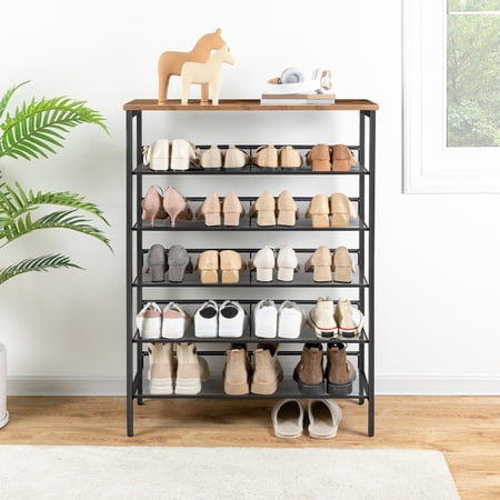 HOOBRO Industrial Shoe Rack, 6-Tier Shoe Shelf, Storage Organizer Unit with 5 Mesh Shelves, Wood Look Accent Furniture with Metal Frame, for Entryway, Living Room, Hallway BF16XJ01