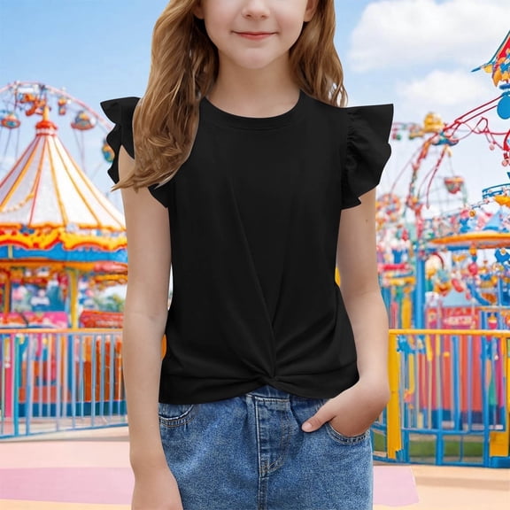 Juslio Girls Shirts Short Sleeve Ruffle Round Neck Solid Casual Kids Clothing Fashion Tops