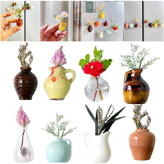 Mini Vase Magnets for Fridge, Mini Ceramic Vase Magnets for Refrigerator, Plant Vases Refrigerator Magnets Cute, Tiny Magnetic Vases Decorative, Small Fridge Accessories Kitchen (8PCS)