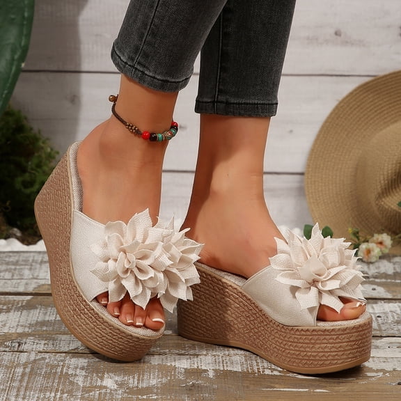Platform Sandals,Womens Wedge Sandals,Women's 3D Flower Woven Platform Sandals Wedge Slides,Bohemia Casual Non-Slip Comfy Beach Fish Mouth Open Toes Sandals Dress Heels Slippers,Beige,5.5