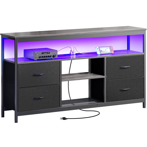 Amadwell TV Stand with Power Outlets & LED Lights, 4 Drawer Dresser Entertainment Center, Media Console with Open Shelf