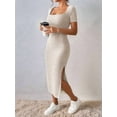 thumbnail image 3 of Women 2025 Summer Ribbed Short Sleeve Bodycon Maxi Dress Side Slit Knit Square Neck Long Sundress Khaki XS, 3 of 6