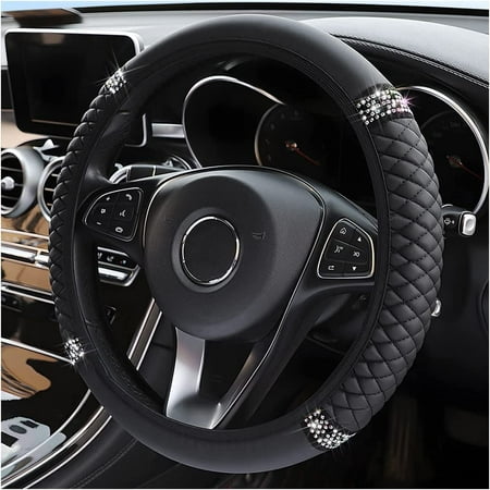 Fixdono Leather Car Steering Wheel Cover with Anti-Slip Lining, Universal 15 inch, Black