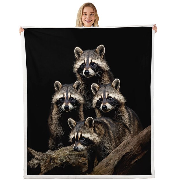 Erosebridal Kawaii Raccoon Fleece Blanket, Brown Sherpa Throw, Rustic Animal Decor