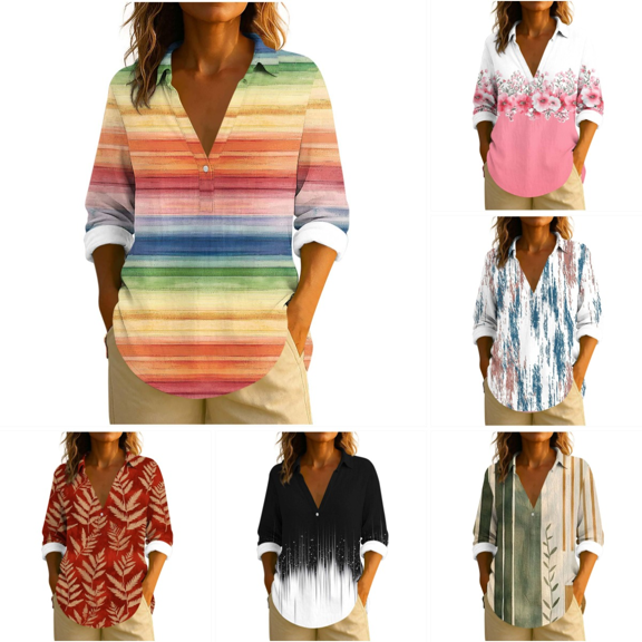 Josdec Women's Lapel Henley Half Button Printed Blouse, Roll Tab Long Sleeve Curved Hem Casual Fashion Tops S-3XL