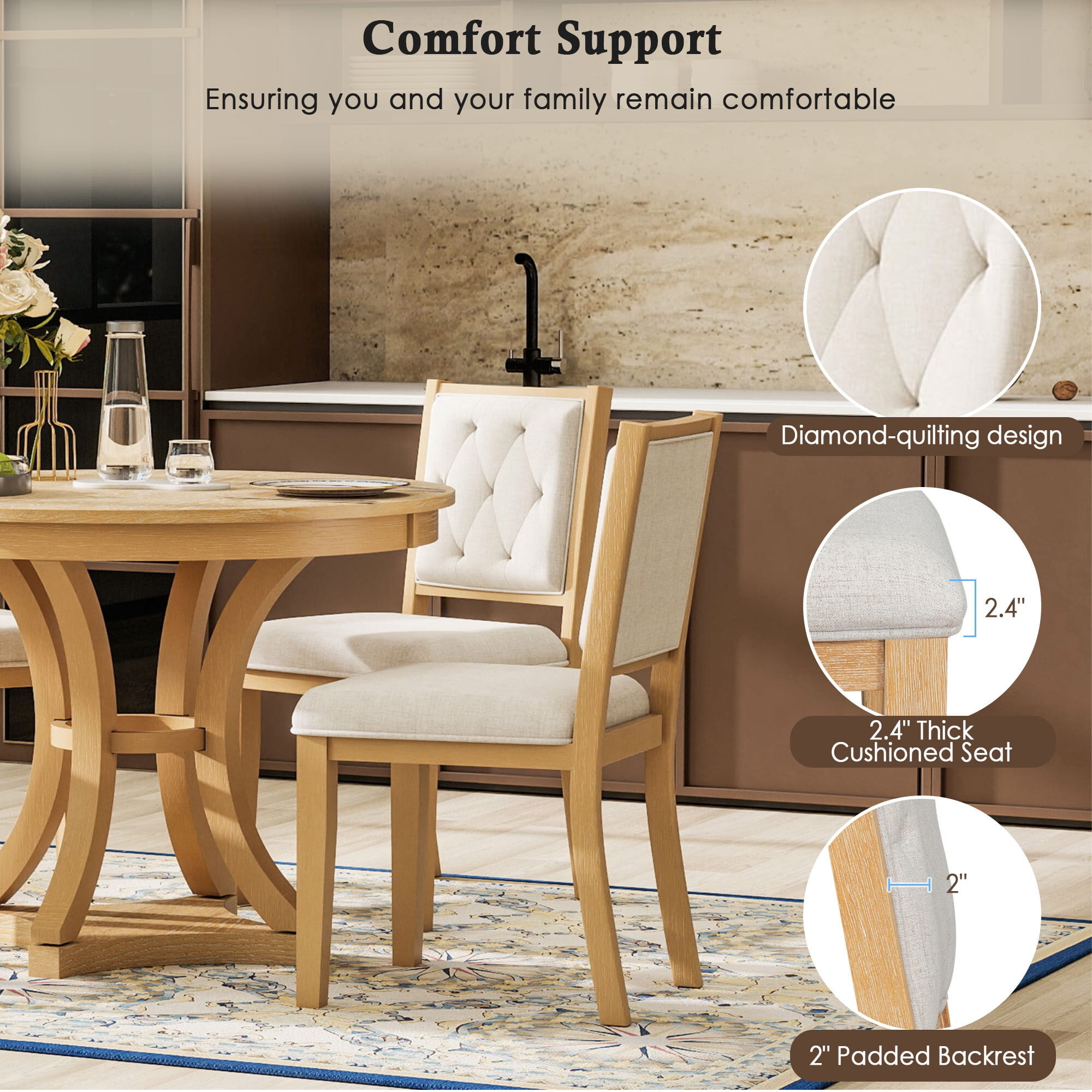 Euroco 5-Piece Retro Dining Table Set for 4,Extendable Round Table and 4 Upholstered Chairs Set for Living Room,Natural