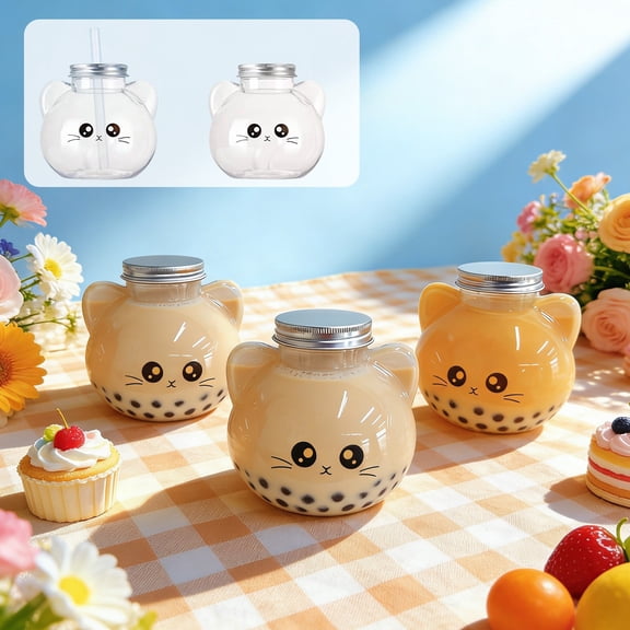 Cute Cat Shaped Plastic Beverage Bottle 500ml with Lid and Straw for Milk Tea, Juice, Water, Portable PET Drink Cup