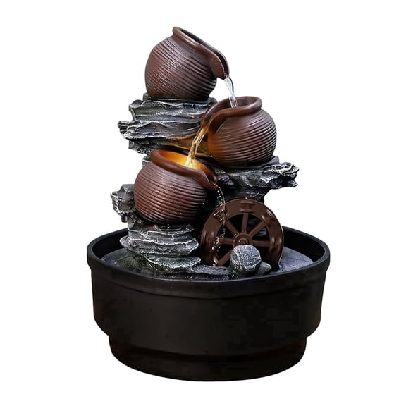 Jinhuoba Outdoor Waterfall Tabletop Fountain with LED Lights & Water Wheel – Zen Water Flow for Patio, Garden, or Balcony