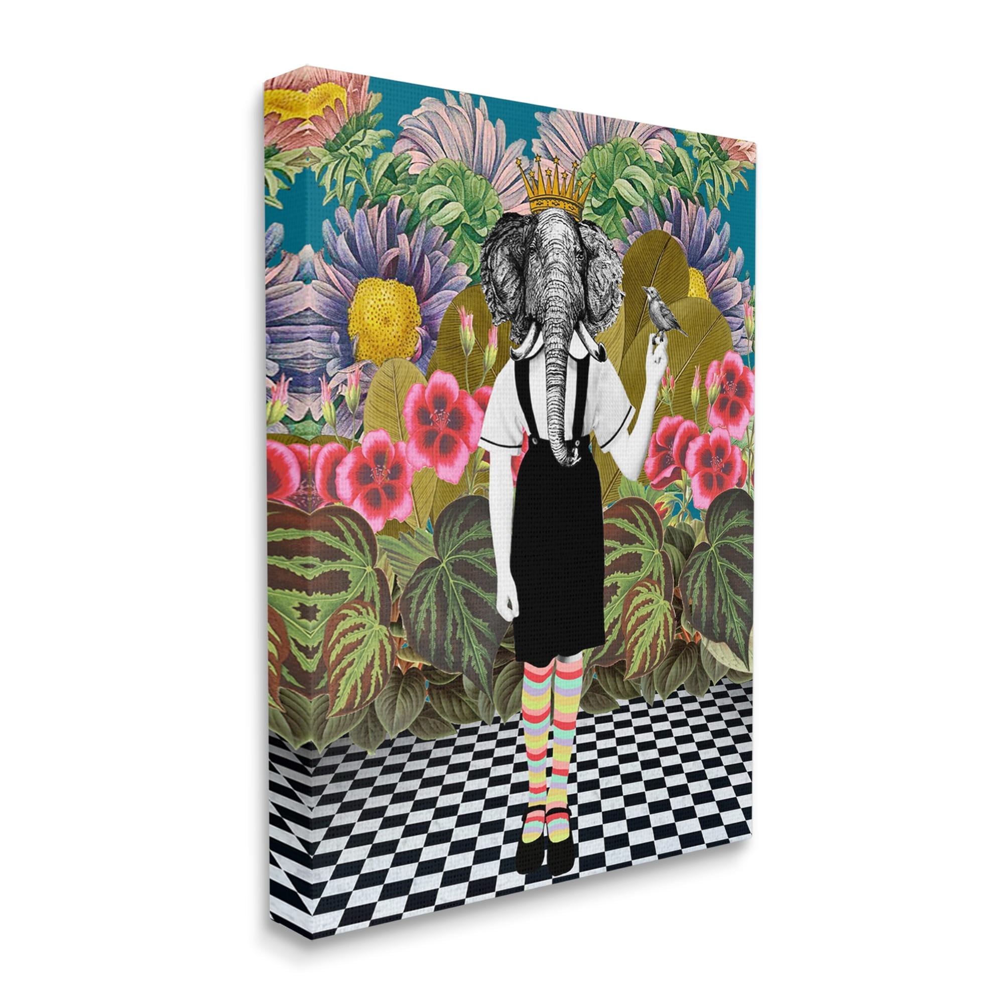 Stupell Industries Abstract Elephant Person Pop Style Checkered Botanicals Canvas Wall Art, 16 x 20, Design by Erika C. Brothers