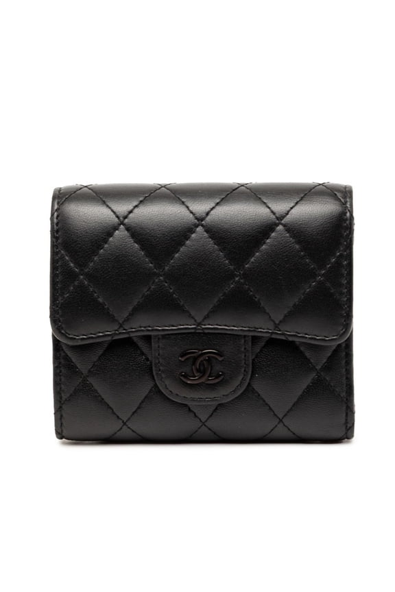 Pre-Owned Chanel Coco Mark Matelass Tri-fold Wallet, Black Lambskin, Women's CHANEL