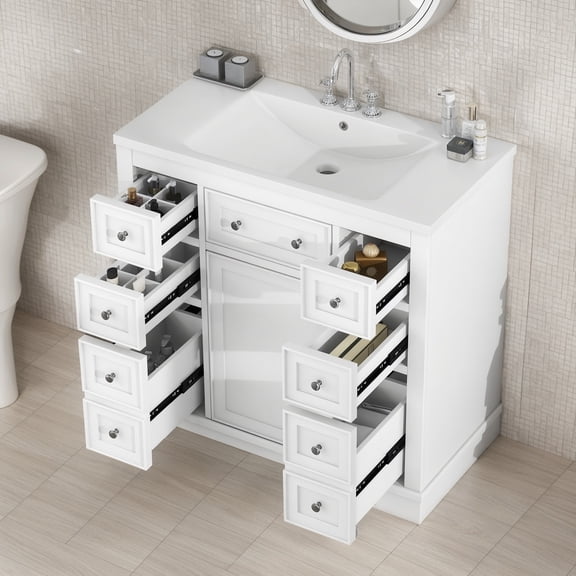 SogesPower 36" Bathroom Vanity with Ceramic Sink, Solid Wood Bathroom Makeup Cabinet with One Cabinet and 6 Drawers, Adjustable Shelf, FreeStanding Single Basin Vanity Set for Bathroom, White