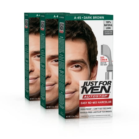 Just For Men AutoStop, Easy No Mix Men's Hair Color with Comb-In Applicator, Dark Brown, Shade A-45 (Pack of 3)