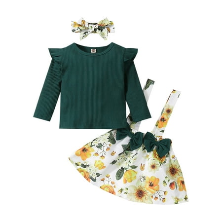 

Luckinbaby 3Pcs Kids Tracksuit Girls T-Shirt + Floral Overalls Dress + Hair Band