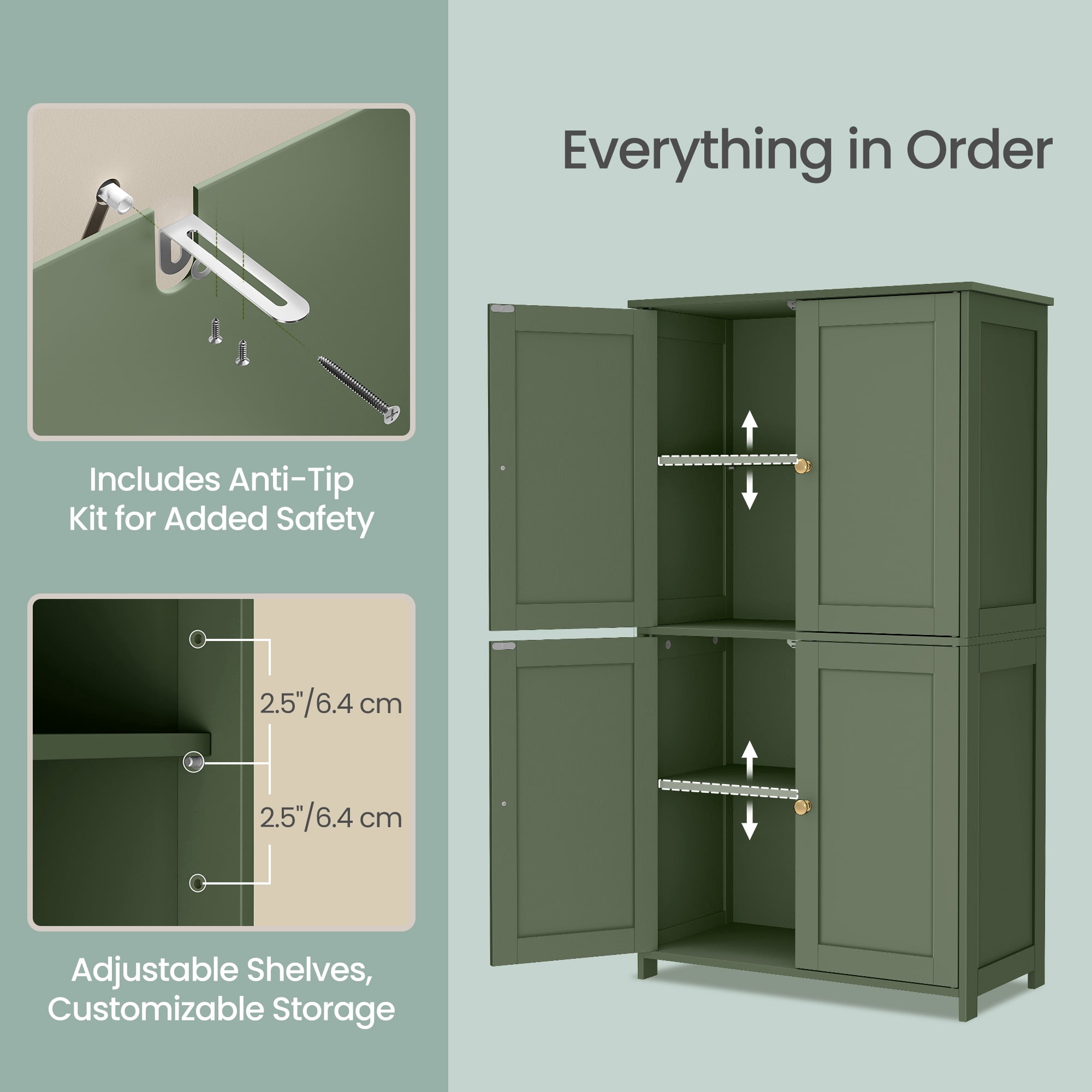 LEDREM Bathroom Storage Floor Cabinet Organizer with Adjustable Shelf 4 Magnetic Doors Freestanding for Living Kitchen Room Small Spaces,Green