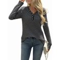 thumbnail image 3 of Women'S V-Neck Long Sleeve Striped Knit Button Shirt Autumn Casual Loose Elegant Tunic Top Black L, 3 of 9
