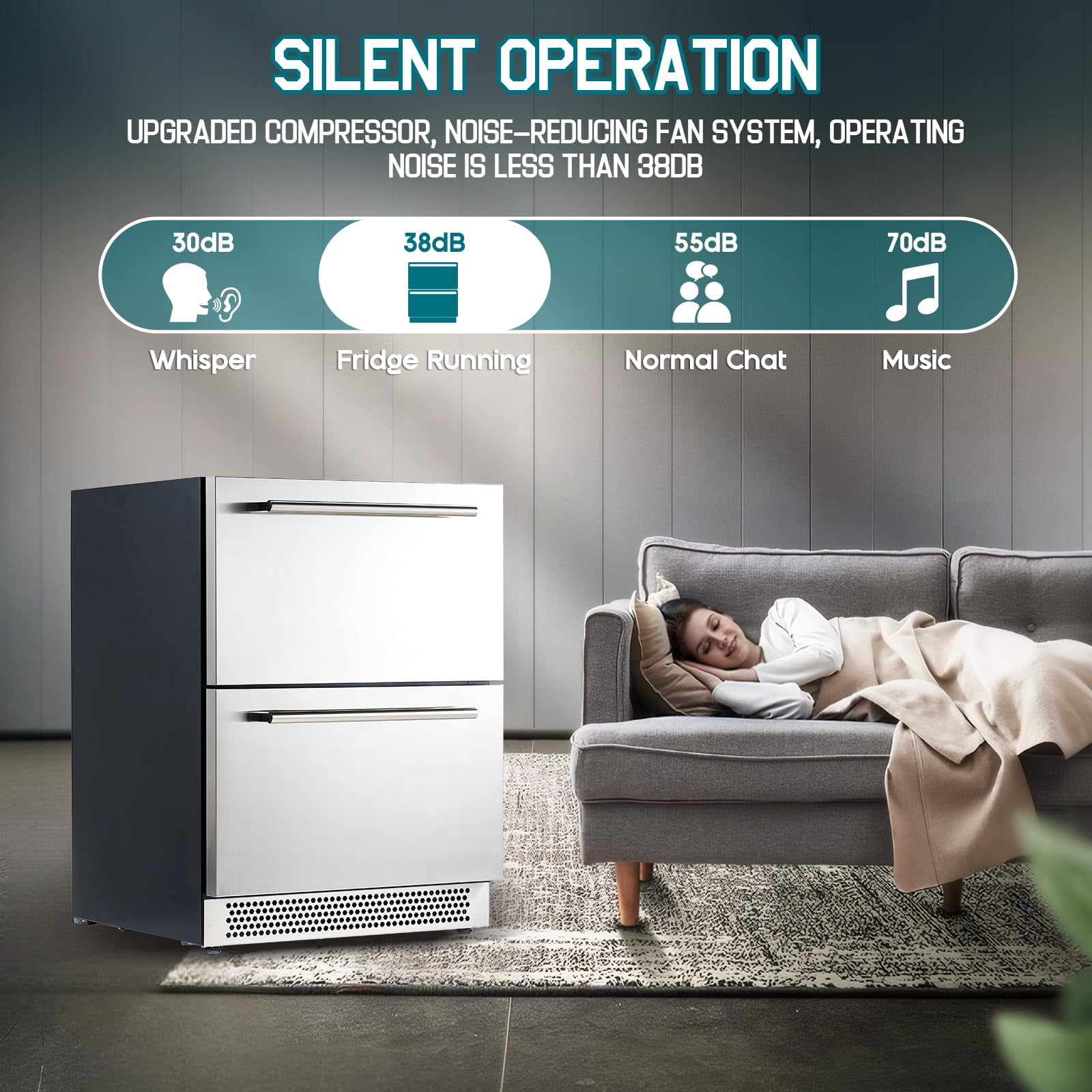 Jocisland 24" Under Counter Drawer Fridge – Stainless Steel Beverage Refrigerator with Dual Drawers, LED Touch Control, 4-72℉, for Indoor Outdoor Use