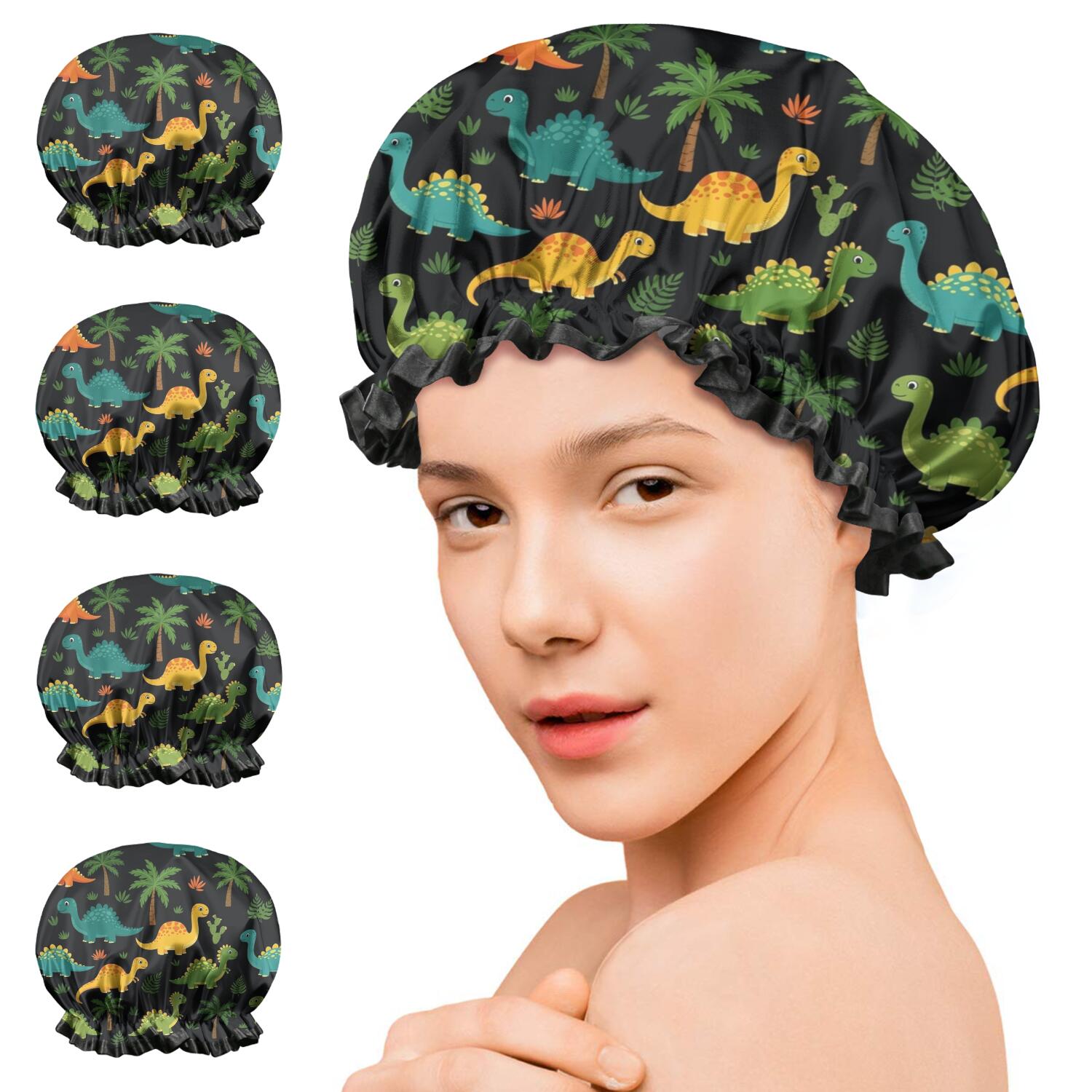 Shower Caps,Black Colorful Dinosaurs Pattern Waterproof Shower Cap for Women 4 Pieces,Double Reusable Hair Cover for Shower PEVA Elastic Stretch Hem