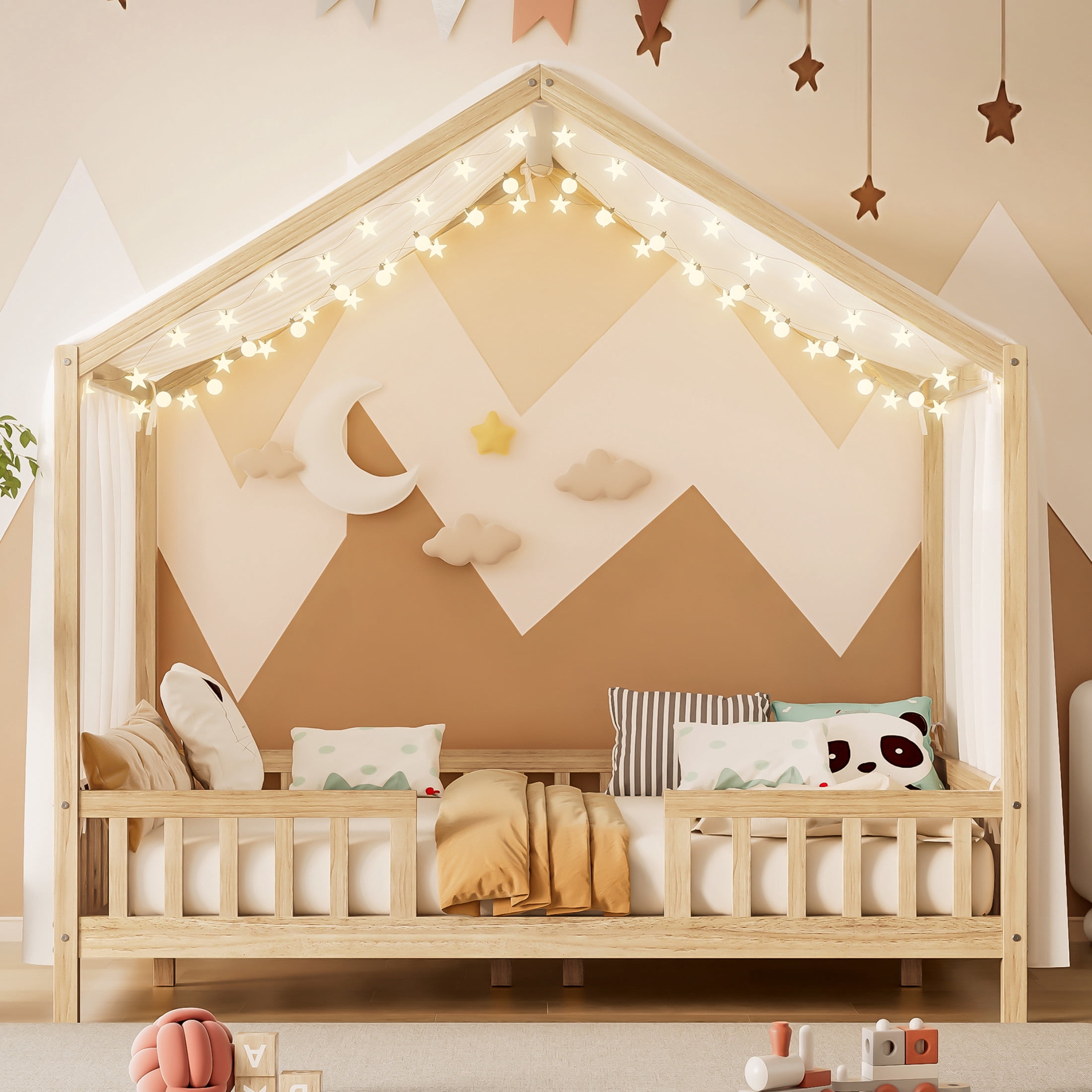Noble House Full Floor Bed with Canopy and Guardrails, Wood House Bed Frame for Kids, Natural