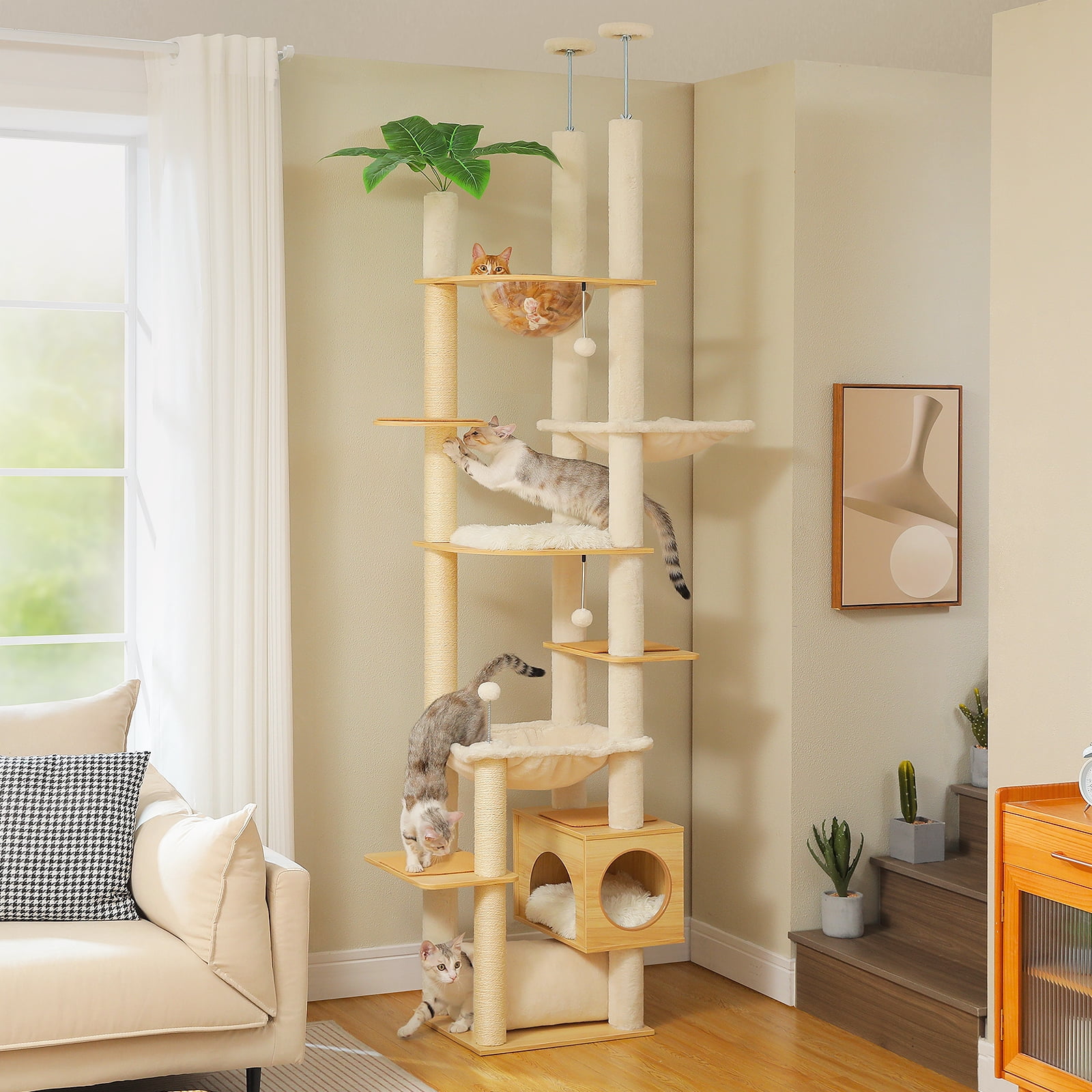 PEQULTI Floor to Ceiling Cat Tree 93.3"-100.8"Height Adjustable Wood Cat Tower for Indoor Cat Beige