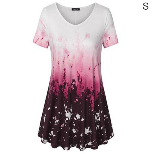 Camiseta de mujer Blusa informal con estampado degradado Vestido suelto con cuello en V, Rojo, S Scienceny AP001902-25