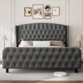 thumbnail image 3 of 51" Tall King Size Bed Frame with Deep Button Tufted Wingback Headboard and Footboard, Velvet Upholstered Platform Bed Frame, No Box Spring Needed, Easy Assemble, Grey, 3 of 7