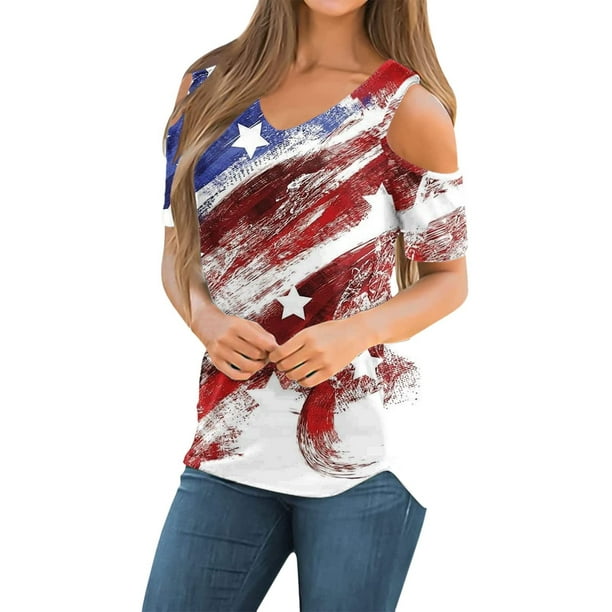 OAVQHLG3B 4th of July Outfits for Women American Flag T Shirt V Neck ...