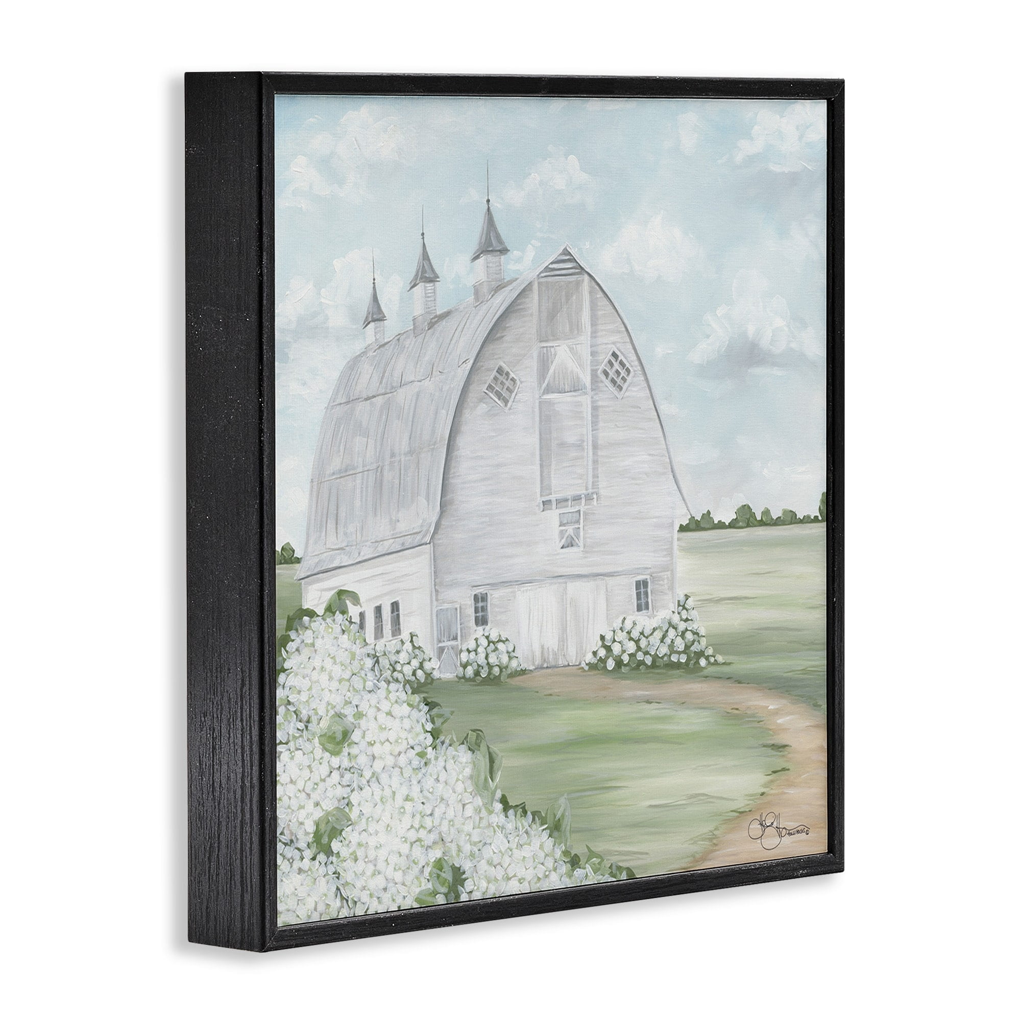 Soft Country Landscape White Barn and Hydrangeas 12 in x 12 in Framed Painting Art Print, by Stupell Home Décor