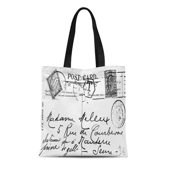 LADDKE Canvas Tote Bag Script Antique French Stamps Paris Postmark France Vintage Country Reusable Handbag Shoulder Grocery Shopping Bags