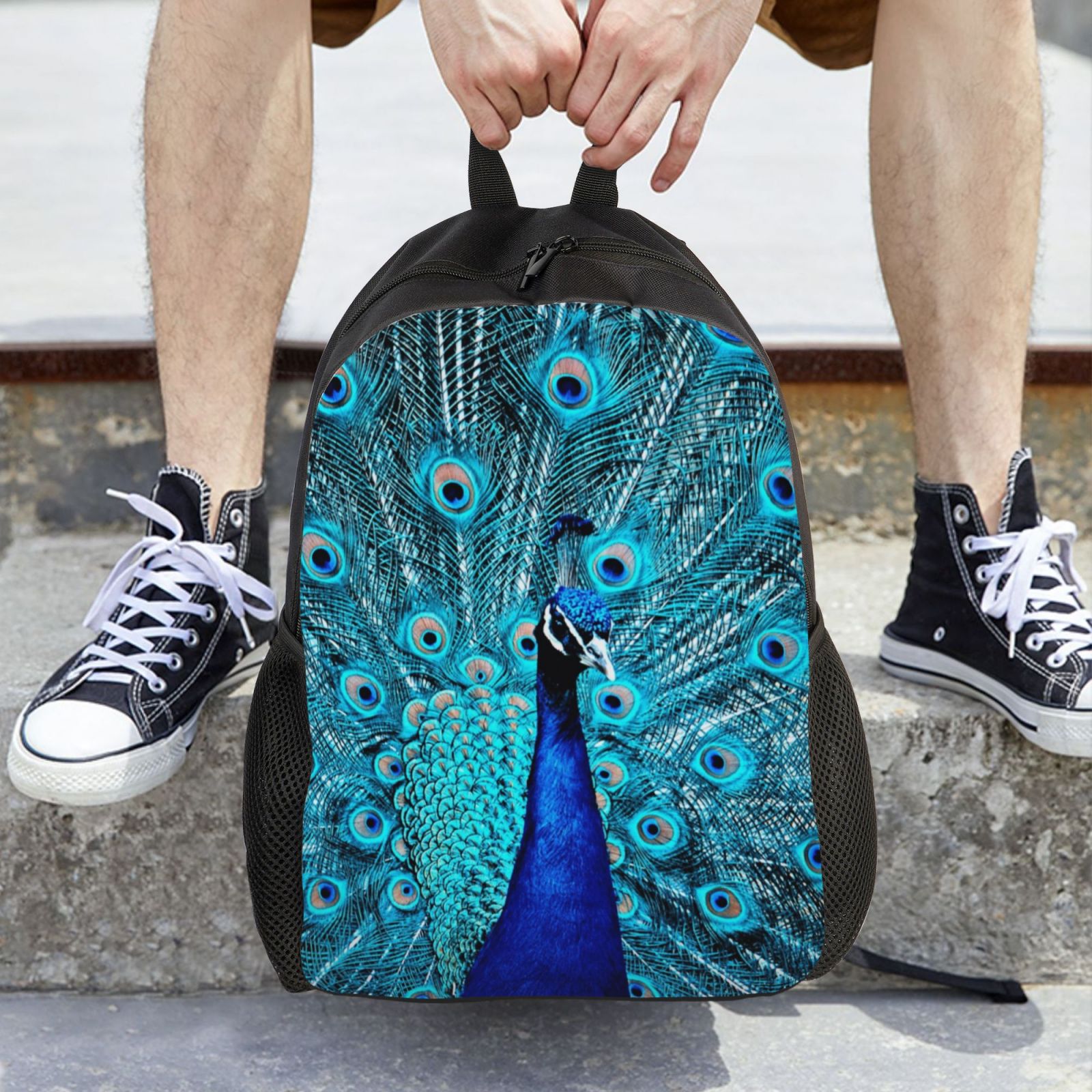 Xecao Beautiful Blue Peacock Print School Backpack with Laptop Compartment Small Travel Laptop Backpack for Women Men Waterproof College Backpack Simple School Bag