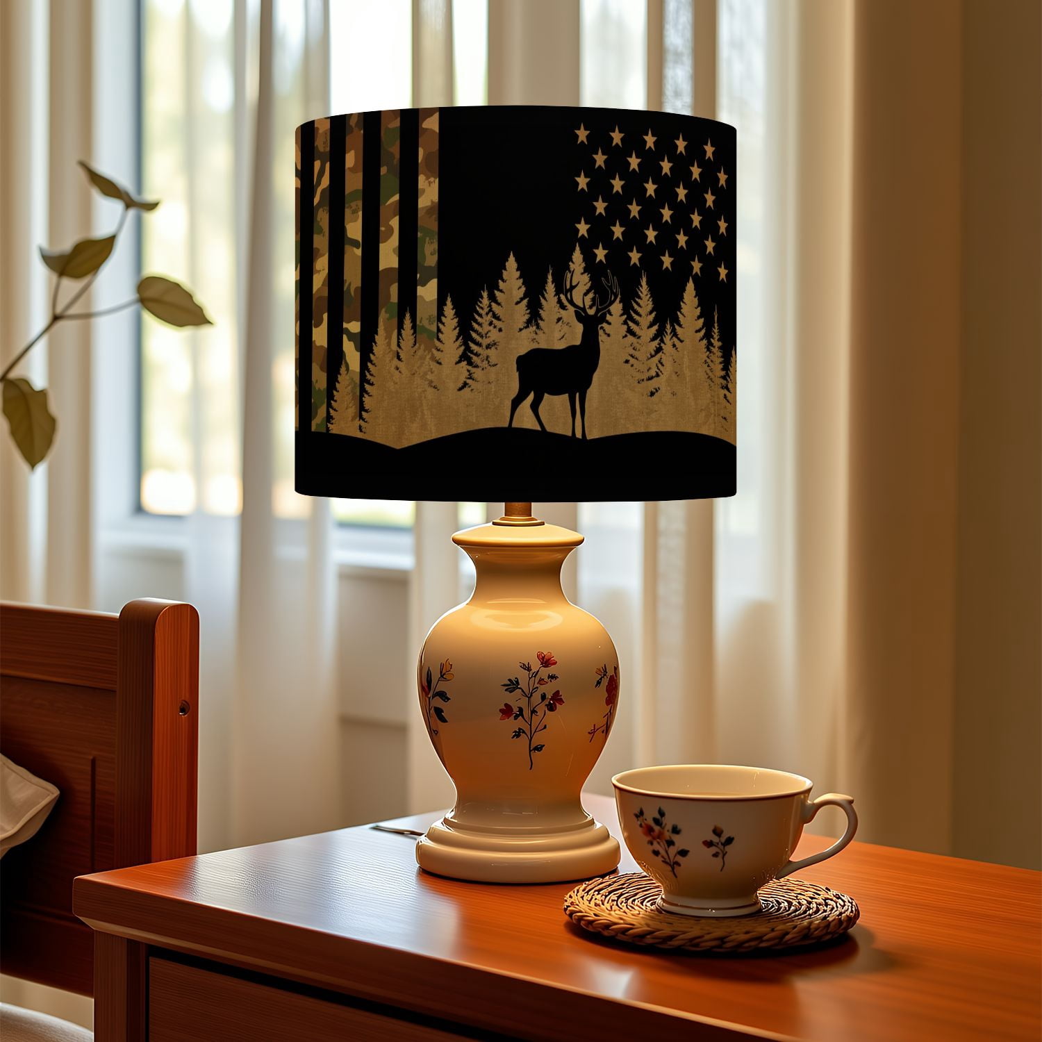 Linen Drum Lamp Shades Deer Silhouette Forest American Flag Camouflage Independence Day 13" x 13" x 10" Lampshade for Table Lamps Floor Lamps Lamp Shade Replacement Easy Assembly Required