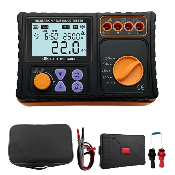Megóhmetro Probador de resistencia de aislamiento digital, megóhmetro de 250 V/500 V/1000 V medidor de resistencia de aislamiento con pantalla LCD con alarma de zumbador retroiluminada