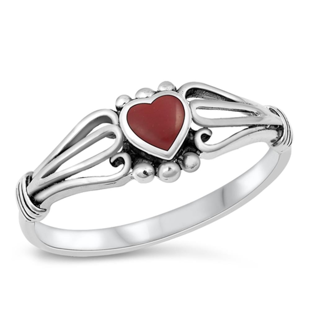 925 Sterling Silver Round Cut Red CZ Stone Stackable Band Heart Shape Women Ring 