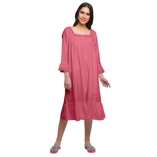 Moomaya Robe de Nuit en Coton à Manches Longues et Encolure Carrée Unie pour Femmes