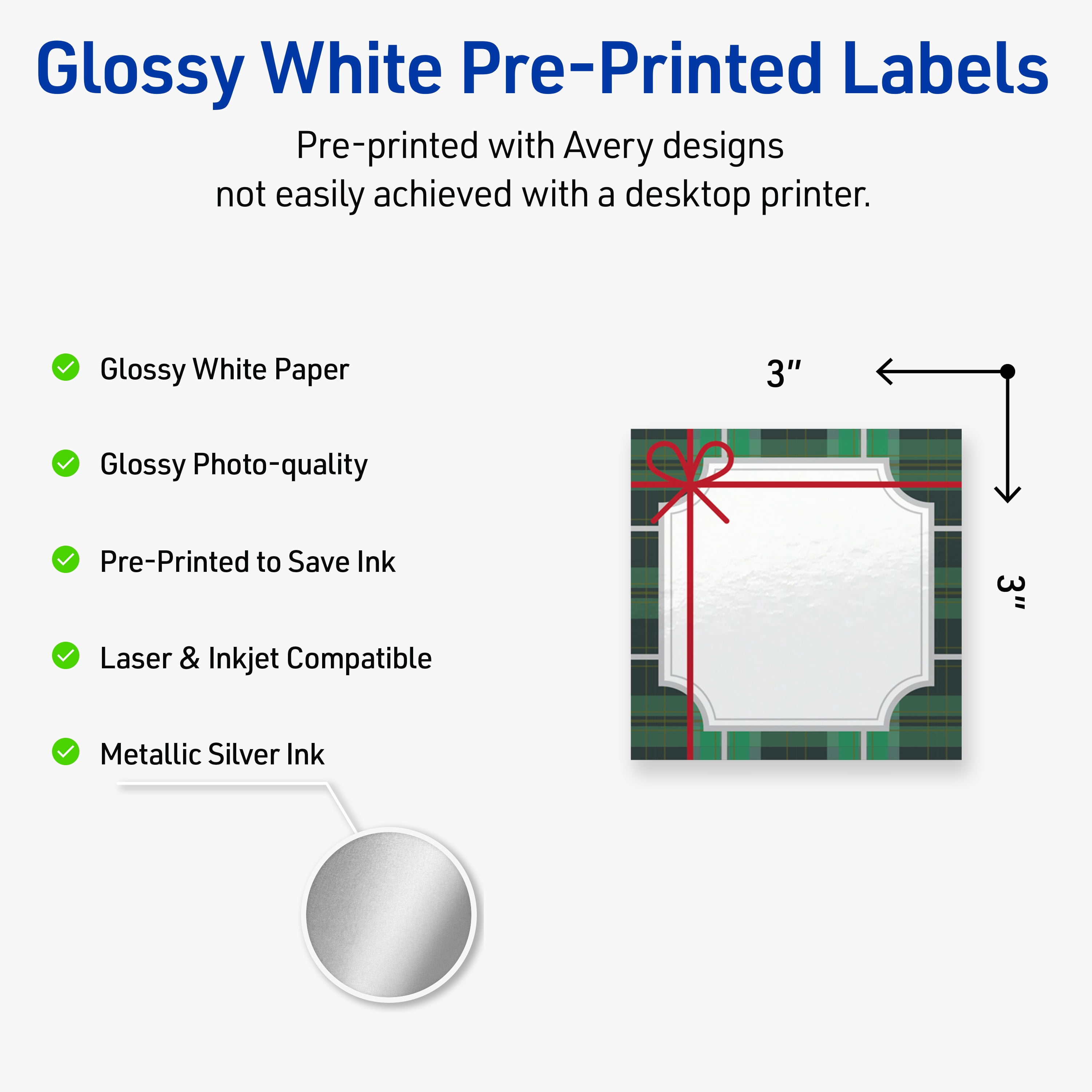 Avery Labels, 3" x 3", Silver-Green Plaid, Glossy, 60ct