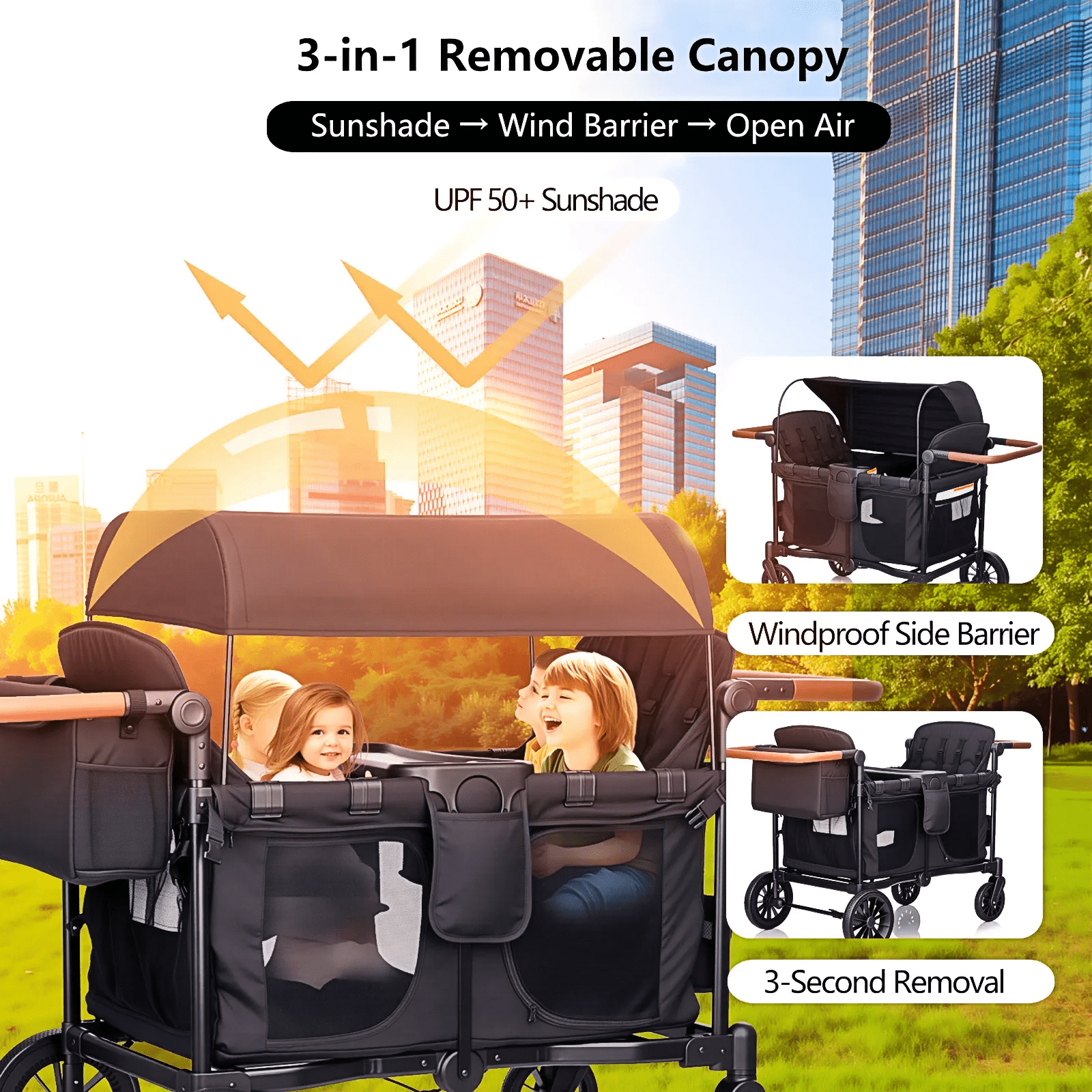 4 Kids Wagon Stroller Push-Pull - Lightweight Travel Fold Tandem Trolley with 5-Point Harness,Adjustable Canopy&Handle,Snack Tray,Storage,Mom Bag,All-Terrain Wheels for Beach Travel Camping Shopping