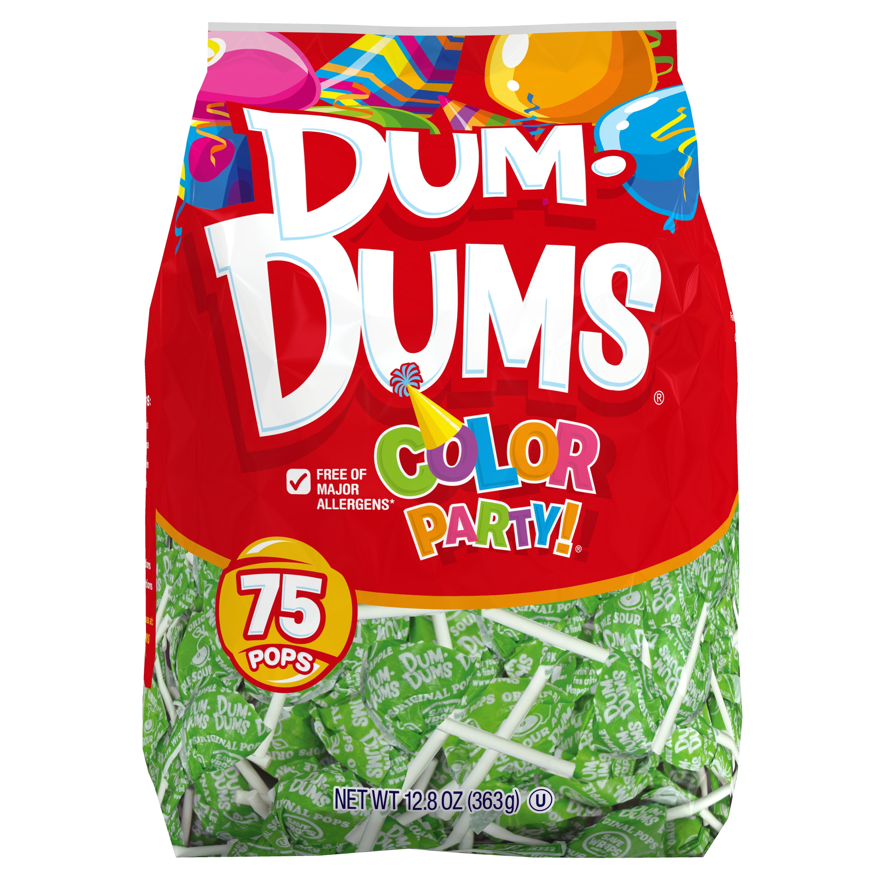 Dum Dums Color Party Lollipops, Bright Green, Sour Apple Flavor, 12.8 oz, 75 Count Bag