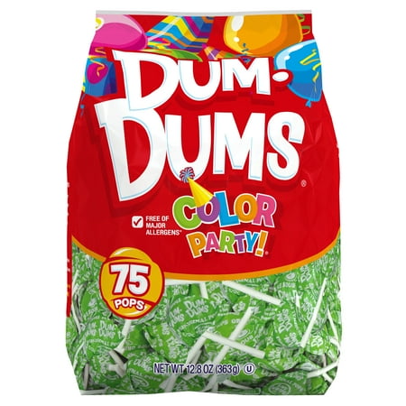 Dum Dums Color Party Lollipops, Bright Green, Sour Apple Flavor, 12.8 oz, 75ct Bag, Allergen Free