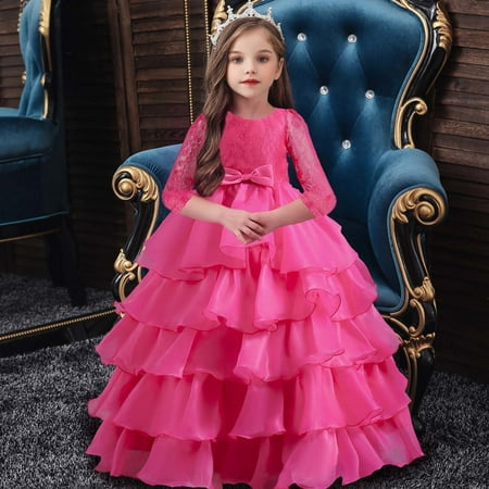 

Rewenti Kids Dress Girls Middle Sleeve Princess Dress Bow Tie Lace Mesh Dress Cake Dress Hot Pink 3-4 Years
