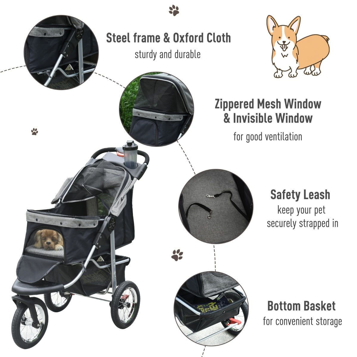 Festnight Dog Pet Stroller 4 Wheel Cat Carrier Folding Sunshade Canopy with Brake 