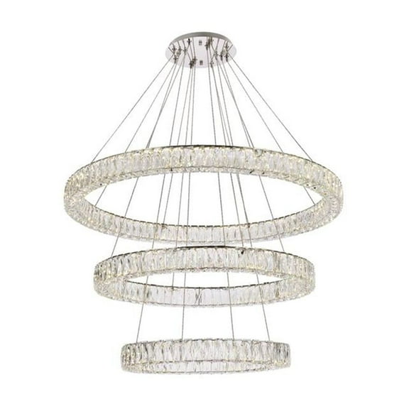 Elegant Lighting Monroe 41" Metal & Crystal LED Triple Ring Chandelier in Chrome