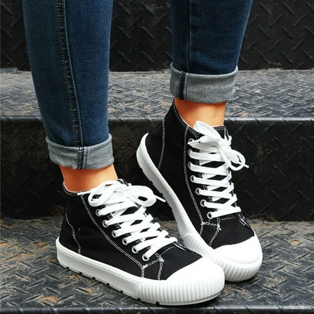 

ERTUTUYI Women s High-top Canvas Shoes Comfortable Flat Shoes Casual Sneakers White Shoes Black 42