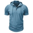 thumbnail image 2 of Kalauyu Mens Hooded Henley Short Sleeve Cotton Blend Pullover Shirts Drawstring Hood with Button Up Casual Solid Color Summer Workout Tees, 2 of 9